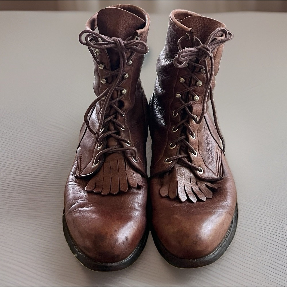 Vintage Brown Leather Lace Up Kiltie Roper Boots Western Work Mid Calf 9.5D